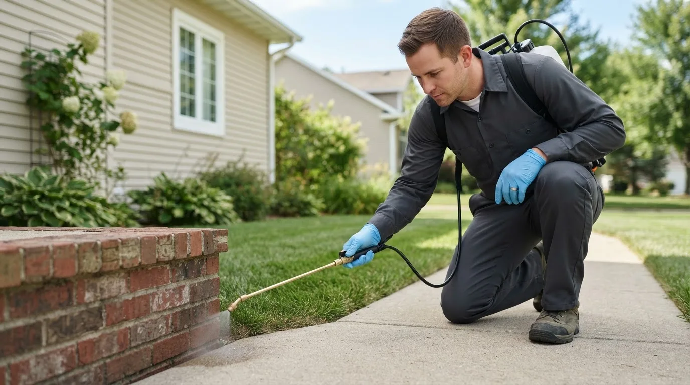 Pest control technician treating a home near Iroquois, SD